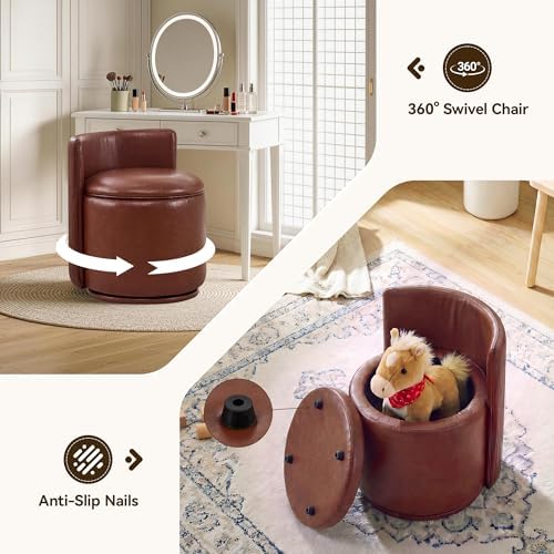 HUBSON Vanity Chair with Storage, Waterproof Leather Swivel Chairs with Back, Modern Round Accent Makeup Chair, No Assembly Vanity Stool for Living Room, Bedroom, Dressing, Brown Leather