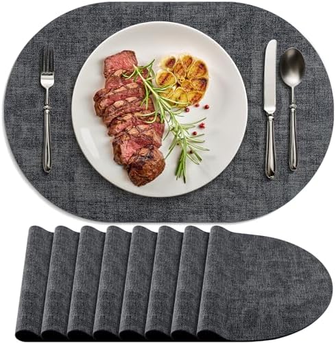 Faux Leather Oval Placemats Set of 8, Charcoal
