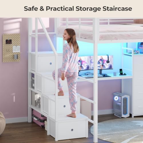 Full Size Loft Bed with Desk, Storage Stairs, LED Lights, White