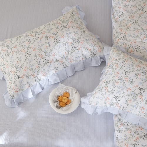 HighBuy Girl Floral Ruffle Duvet Cover Queen,Boho Floral Lace Ruffled 100% Cotton Blue Striped Bedding Coquette,Shabby Vintage Duvet Cover Set Farmhouse Bedding Cooling Breathable for Women
