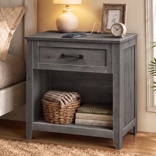 VASAGLE Farmhouse Nightstand with Charging Station, Drawer and Open Shelf