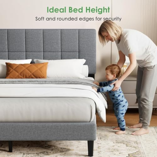 Marsail Upholstered Queen Bed Frame with Headboard, Modern Bed Frame, Gray