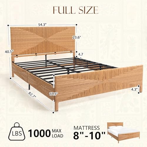 Brafab Boho Rattan Full Size Bed Frame with Headboard and Footboard
