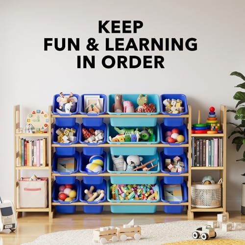 SpaceAid Toy Storage Organizer With 6 Shelves And 16 Bins, Modern Style Toy Organizers Storage Bookshelf For Kids Bedroom Playroom Organization Room Decor, Blue And Navy Blue