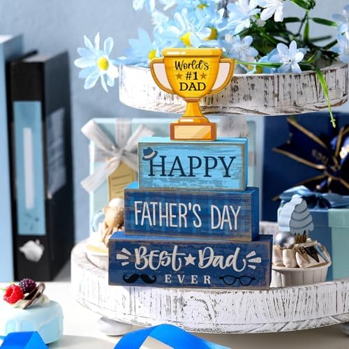 Yuntau 4 Pcs Father's Day Wood Blocks, Dad Trophy Tiered Tray Decor