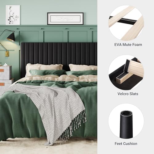 Allewie Full Bed Frame, Velvet Upholstered Platform Bed with Vertical Channel Tufted Headboard, Mattress Foundation with Strong Wooden Slats, Box Spring Optional, Easy Assembly, Black
