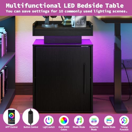 Baoz Black LED Nightstand with Door, Modern Bedside Table for Bedroom