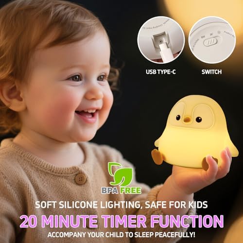 Cute Penguin Night Light, Squishy Silicone LED Night Lamp, Novelty Nursery Nightlight for Kids, Rechargeable Animal Touch Lamp Bedside Lamp, 2 Levels Dimmable, Room Decor Gifts for Girls Boys Baby