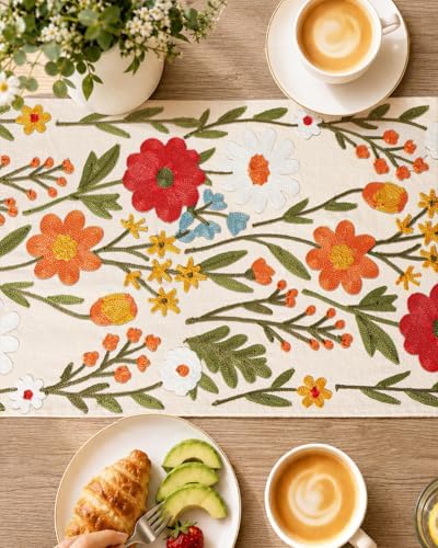 Miss Adola Embroidered Canvas Table Runner 13"x48", Wild Flower