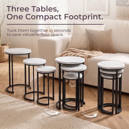 Lavish Home Round Nesting Tables Set of 3, Faux Marble Tabletop, White