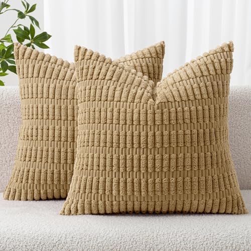 MIULEE Pack of 2 Corduroy Decorative Throw Pillow Covers 24x24 Inch Soft Boho Striped Pillow Covers Modern Farmhouse Home Decor for Sofa Living Room Couch Bed Khaki