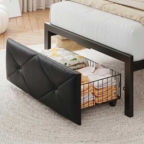 Einhomn Twin Bed Frame with Storage Drawer, Metal Platform Bed with Charging Station, Upholstered Faux Leather Button Tufted Storage Headboard, No Box Spring Needed, Noise-Free, Easy Assembly, Black