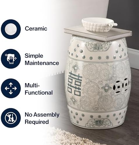 JONATHAN Y Double Happiness Ceramic Garden Stool 18" Table, Gray Blue/White
