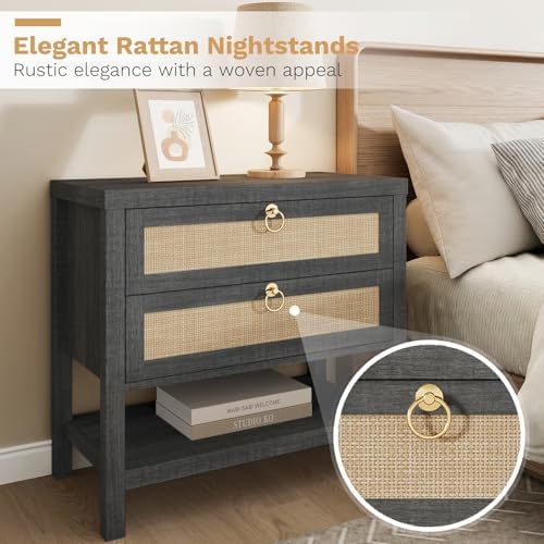 Eclatara Large Rattan Night Stand Set of 2 with 2 Drawers and Storage Shelf