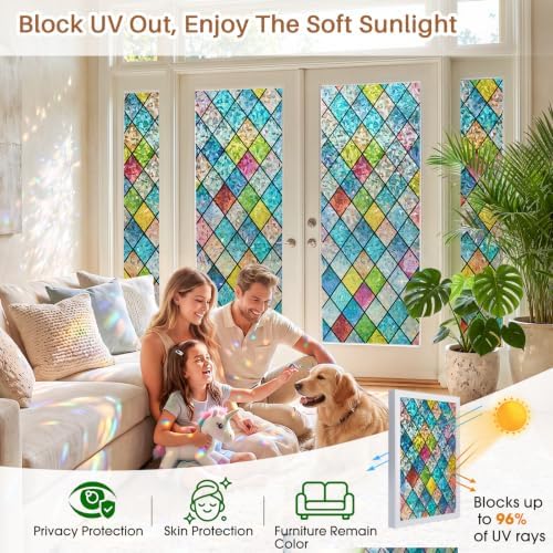 Sunbaby Stained Glass Winodw Film, Rainbow Lattice Stickers, 23.6"x394"