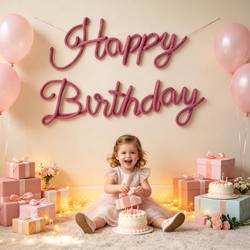 Pink Happy Birthday Sign Knitted Wire Words Birthday Wall Hanging Decor