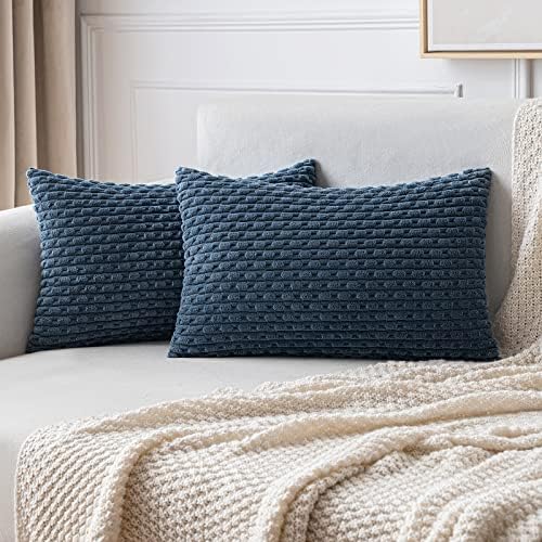 MIULEE Lumbar Decorative Throw Pillow Covers 12x20 Blue Textured Corduroy