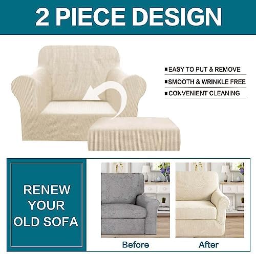 Turquoize 2 Piece Chair Covers for Living Room Armchair Cover Armchair Slipcovers with Arms Feature Thick Jacquard Fabric (Chair,Biscotti Beige)
