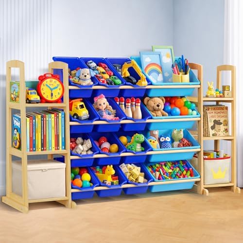 Kids Toy Storage Organizer with Bookshelf – Wooden Shelf with 16 Bins & 6 Shelves, Quick Assembly Storage Rack for Playroom, Bedroom, Nursery - Blue