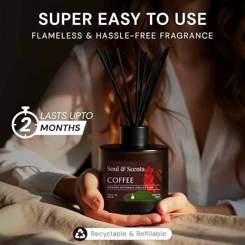 Soul & Scents Reed Diffuser Set – Coffee | 7.43 oz Refillable Scented Oil with 6 Fiber Sticks | Long-Lasting Home Fragrance & Air Freshener for Bedroom, Bathroom, Office | Gift & Décor Piece