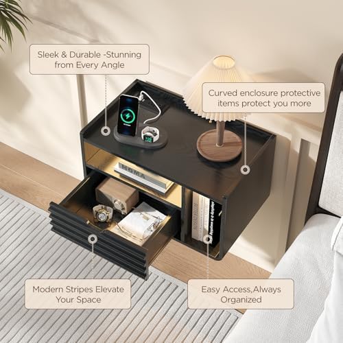 Maupvit Black Floating Nightstand Set of 2, Wall Mounted Night Stand with Drawer and Charging Station, Bedside Table with Open Shelf, Led Nightstand for Bedroom, Easy Assembly