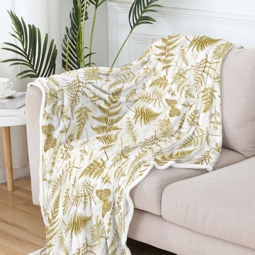 JAWO Floral Throw Blanket, Gold White Flower Throws Wildflowers Botanical Plant Printed All Seasons, Vintage Yellow Butterfly Flannel Blanket for Bedding Sofa Travel Couch Chair Sofa Home Decor,60x90