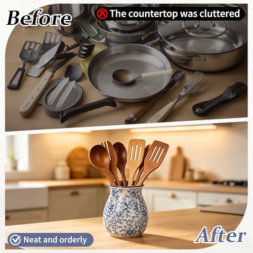 Kitchen Ceramic Utensil Holder 6" Chinoiserie Blue Floral Utensil Crock for Countertop Cooking Tools Storage Organizer for Spatula Spoon Farmhouse Decor Housewarming Gift