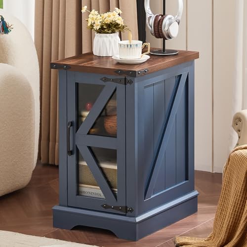 Joaxswe Narrow Night Stand for Small Spaces, Farmhouse End Side Table with Glass Barn Door Storage, Wood Bedside Tables, Blue Nightstand Cabinet for Living Room Bedroom Dorm