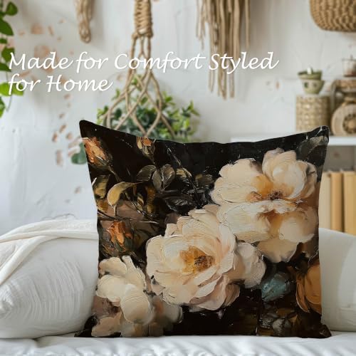Vintage Moody Floral Pillow Cover 18x18, Dark Cottagecore Botanical Wildflower Still Life Decorative Lumbar Pillow Cover for Couch Bed Living Room Bedroom