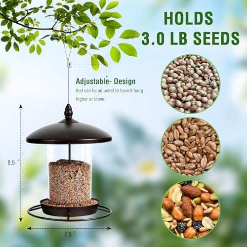 Metal Bird Feeder for Outdoors Hanging,3.0LB Seed Feeder,Easy to Fill & Clean,360° Feeding,Weatherproof Roof for Gardens and Wild Birds,Brown