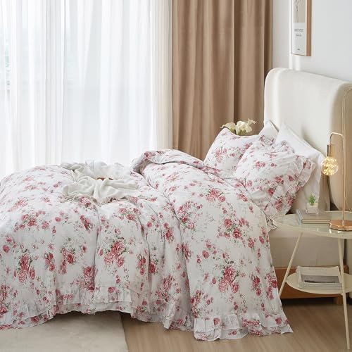 3 Pieces Ruffle Duvet Cover Set Twin(68"x86"), Red Rose Flower