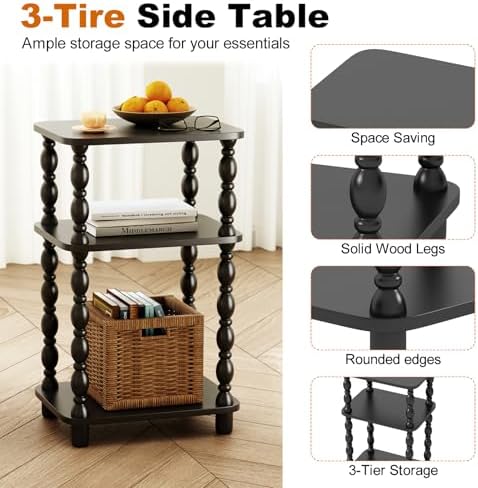 Side Table, Retro End Table with 3 Tier Shelf, Small Couch Side Table for Living Room, Vintage Farmhouse End Table, Bedroom Skinny Bedside Table Nightstand(Black)