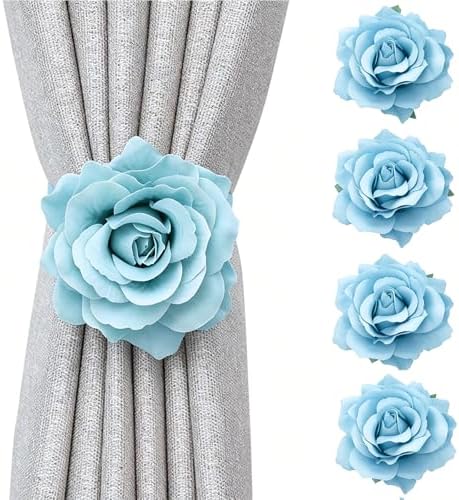 Magnetic Curtain Tiebacks, Rose Flower Tie Backs Rope for Curtains, Elegant 4 Pack Decorative Holdbacks Holders, Home Decor Thin or Sheer Window Drapries Bed Canopy (Sky Blue)