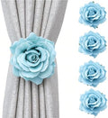 Magnetic Curtain Tiebacks, Rose Flower Tie Backs Rope for Curtains, Elegant 4 Pack Decorative Holdbacks Holders, Home Decor Thin or Sheer Window Drapries Bed Canopy (Sky Blue)