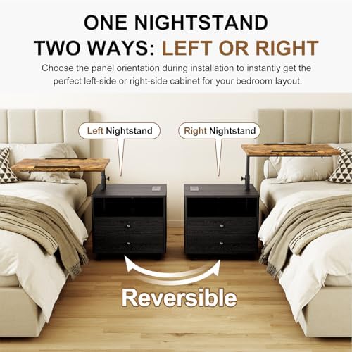 Bedroom Nightstand with Drawers & Charging Station, Adjustable Height Bedside Table with Wheels, Wooden Small Sofa Side Tables with Storage for Living Room, Black Brown