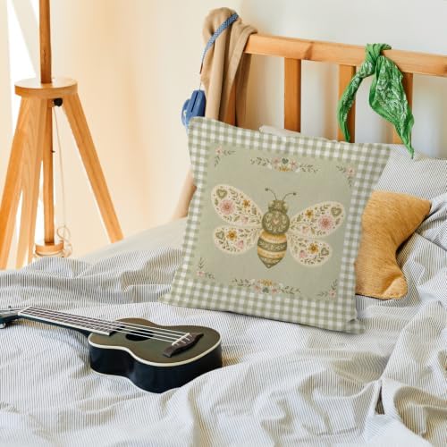 Farmhouse Green Gingham Bee Floral Nursery Throw Pillow Cover 18x18
