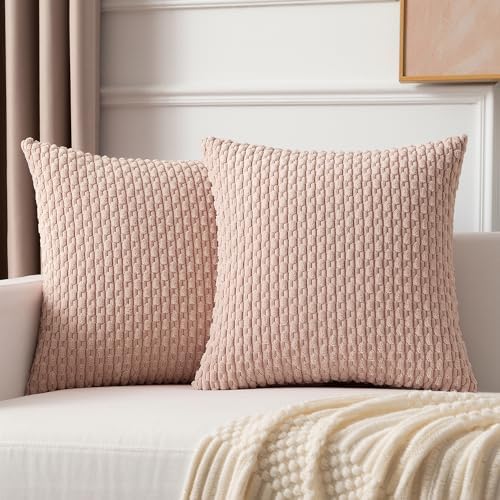 Kevin Textile Soft Corduroy 26x26 Inch Pillow Covers 2 Pack, Light Pink