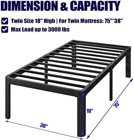 Hunlostten 18in Heavy Duty Twin Bed Frame No Box Spring Needed, Metal Platform Bed Frame Twin with Round Corners, Easy Assembly, Noise Free, Black