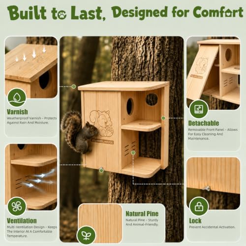 Large Squirrel Nesting Box Outdoor – Solid Pine Wood Squirrel House