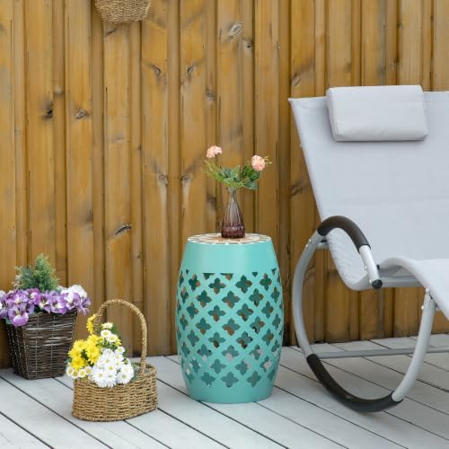 Outsunny Decorative Outdoor Stool, 12" Round Patio Side Table, Mosaic Blue