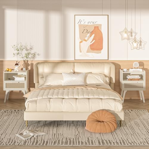 Lerliuo Rattan Nightstands Set of 2, Side Table with Drawer Open Shelf