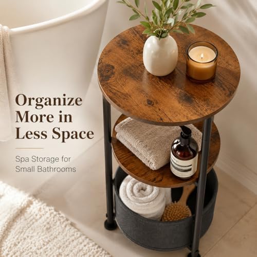3-Tier Small Round Side Table with Storage Basket, Rustic Brown