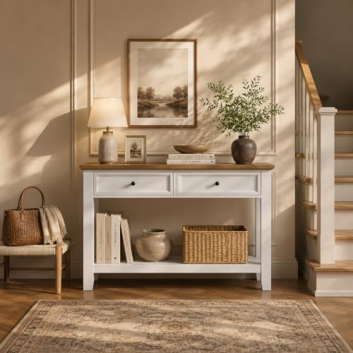 38.6" W Narrow Console Table with 2 Drawers, White