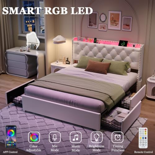 Queen Bed Frame with 4 Storage Drawers & Wingback Headboard, Beige