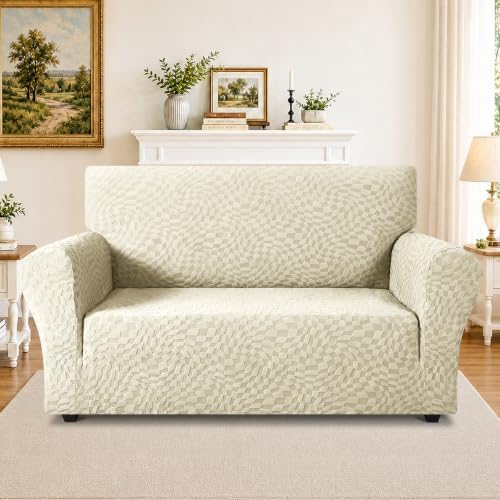 ZNSAYOTX 1 Piece Stretch Loveseat Covers for 2 Cushion Couch (55"-71"), New Plaid Couch Cover with Non-Slip Buckle for Dog Pets, Soft Cozy Washable Sofa Slipcover Form Fit Protector, Beige