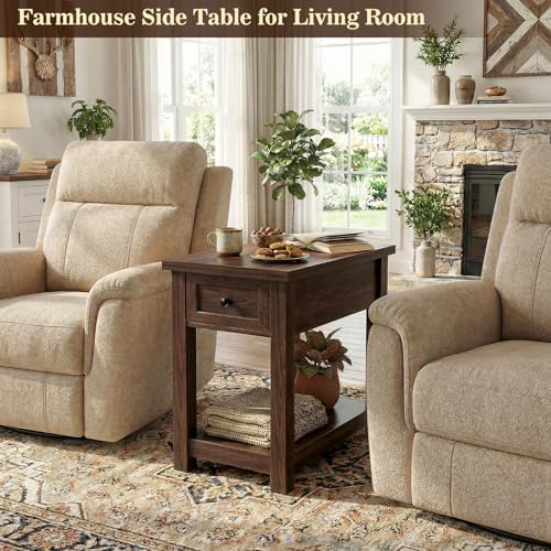 Farmhouse Narrow End Table with Charging Station for Couch, 13.8" Wide