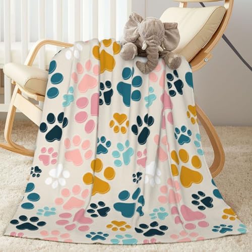Colorful Dog Animals Paws Fleece Throw Blanket Ultra Soft Cozy Pet Animal Lover Gift Decorative Flannel Blanket for Home Bed Couch Chair Travel 50x40in