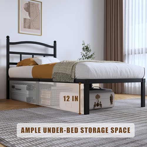 Metal Bed Frame with Headboard - 14 Inch Twin XL Size Heavy Duty Bedframe Black Basic Steel Slats Platform No Box Spring Needed/Easy Assembly/Noise Free