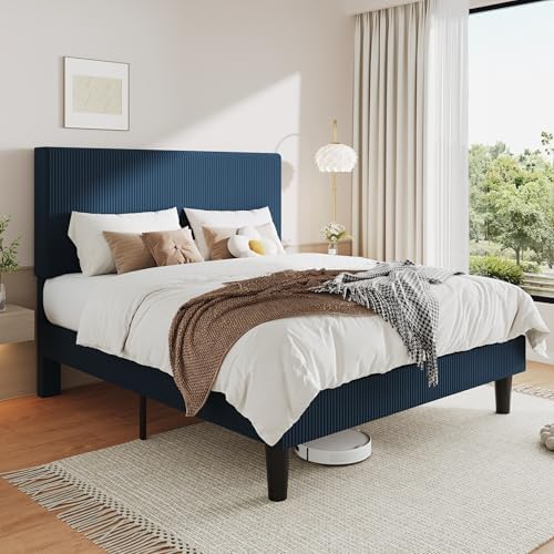 Allewie Full Bed Frame, Corduroy Tufted Headboard, Dark Blue