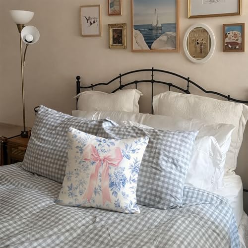 Blue Floral Pink Bow 18x18 Pillow Cover, Girly Room Decor
